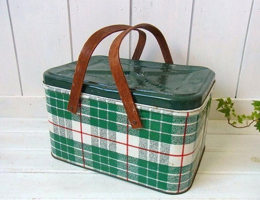 グリーン タータンチェック柄 ティン製 50's ヴィンテージ ピクニックバスケット アウトドア