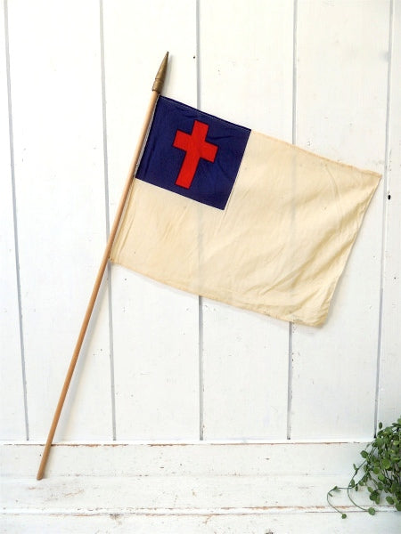 クリスチャンフラッグ　十字架・キリスト教・木製ポール付き・アンティーク・フラッグ・旗 USA・教会