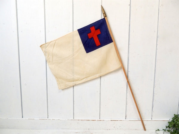 クリスチャンフラッグ　十字架・キリスト教・木製ポール付き・アンティーク・フラッグ・旗 USA・教会