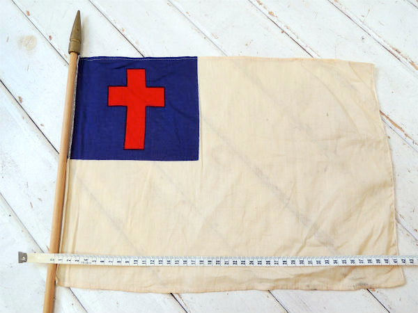 クリスチャンフラッグ　十字架・キリスト教・木製ポール付き・アンティーク・フラッグ・旗 USA・教会