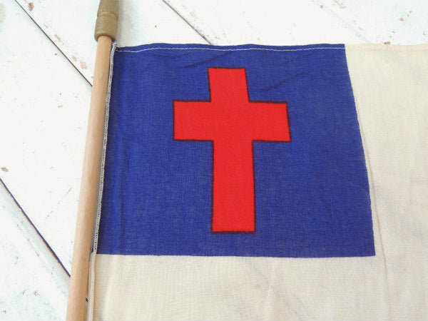 クリスチャンフラッグ　十字架・キリスト教・木製ポール付き・アンティーク・フラッグ・旗 USA・教会