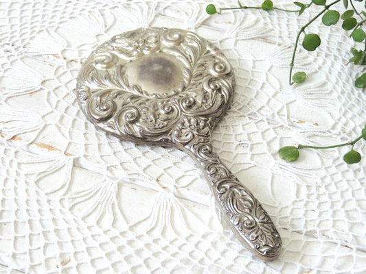 エレガント・フラワー&リーフ柄モチーフ・シルバープレート・アンティーク・ハンドミラー・手鏡 USA