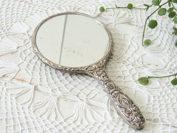 エレガント・フラワー&リーフ柄モチーフ・シルバープレート・アンティーク・ハンドミラー・手鏡 USA