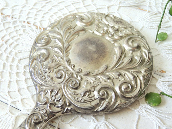 エレガント・フラワー&リーフ柄モチーフ・シルバープレート・アンティーク・ハンドミラー・手鏡 USA