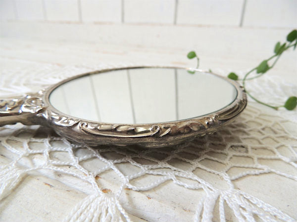 エレガント・フラワー&リーフ柄モチーフ・シルバープレート・アンティーク・ハンドミラー・手鏡 USA