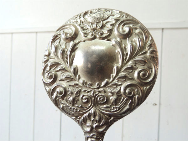 エレガント・フラワー&リーフ柄モチーフ・シルバープレート・アンティーク・ハンドミラー・手鏡 USA