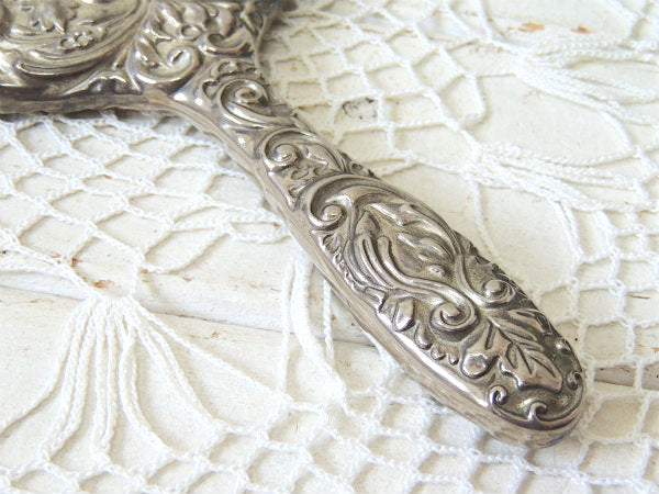 エレガント・フラワー&リーフ柄モチーフ・シルバープレート・アンティーク・ハンドミラー・手鏡 USA