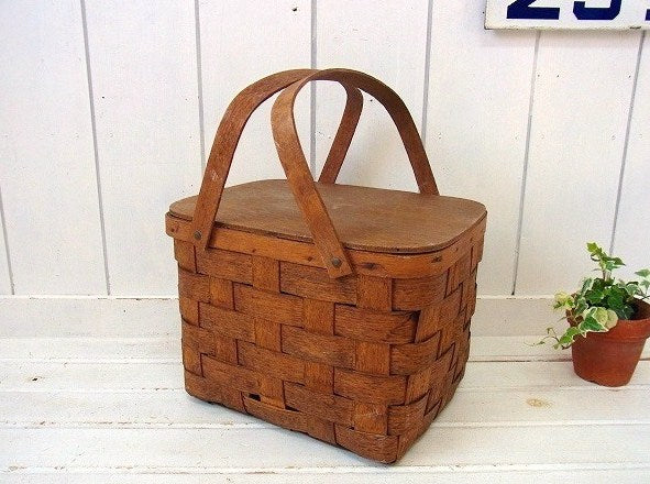 木製・アンティーク・ピクニック・バスケット/ウッドバスケット USA