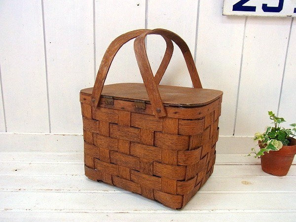 木製・アンティーク・ピクニック・バスケット/ウッドバスケット USA