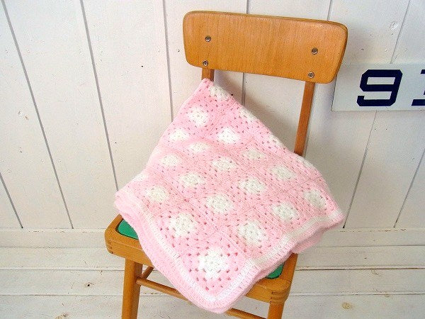 ベビーピンク・モチーフ編み・ハンドメイド・アンティーク・ニットブランケット/USA
