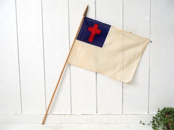 クリスチャンフラッグ 十字架・キリスト教・木製ポール付き・アンティーク・フラッグ・旗 ・教会②