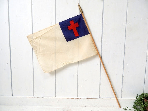 クリスチャンフラッグ 十字架・キリスト教・木製ポール付き・アンティーク・フラッグ・旗 ・教会②