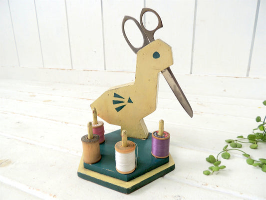 糸巻き&ハサミ付き 鳥・木製・アンティーク・スプールホルダー 糸巻きホルダー USA