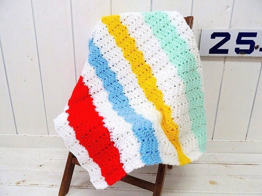 波模様 ボーダー柄・長方形・ヴィンテージ・ニットブランケット ひざ掛け