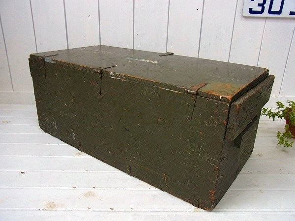 1943【ARMORD TRUNK】カーキ色・大きな木製・アンティーク・トランク/ウッドボックス