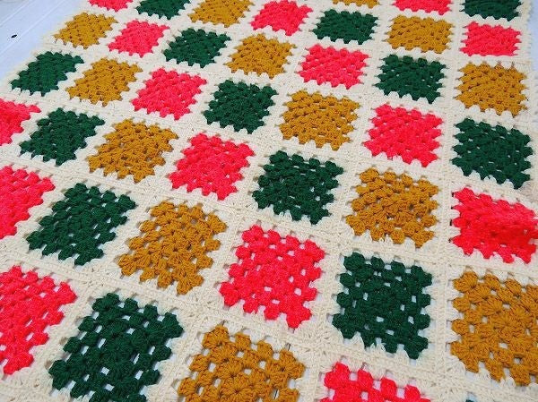 USA!モチーフ編み・アンティーク・ニットブランケット/グラニーブランケット/ハンドメイド