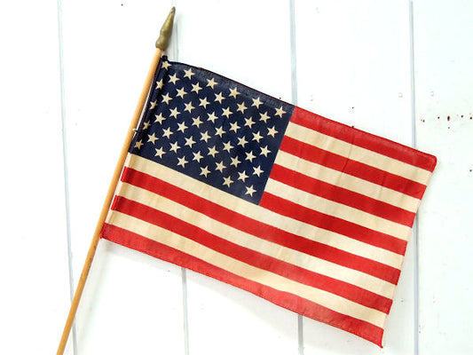【US・50州★】木製ポール付き・ヴィンテージ・星条旗・アメリカンフラッグ/国旗・店舗ディスプレイ
