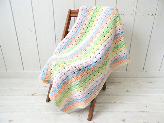 7色・パステルカラー・手編みニット・ヴィンテージ・ブランケット/ひざ掛け USA