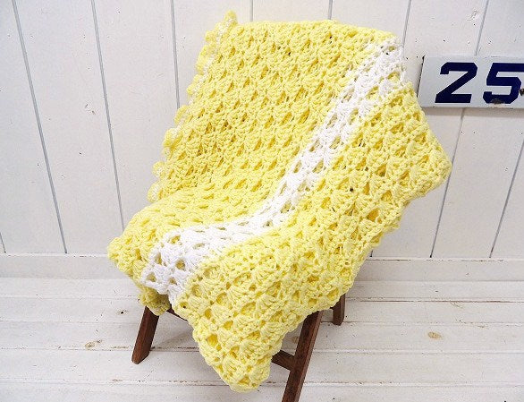 クリームイエロー・かぎ編み・ヴィンテージ・ニットブランケット ひざ掛け 大判 USA
