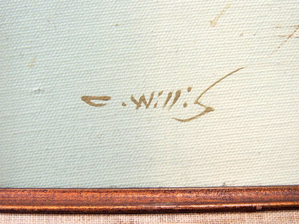 WALL ART オイルペイント C.will:s 小屋と船・絵画・直筆サイン入り・油絵・額縁・木製フレーム