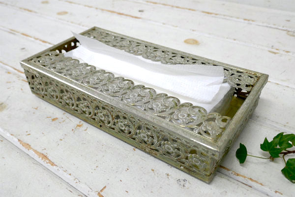 フラワーモチーフ ゴールドトーン 透かしデザイン ヴィンテージ ティッシュケース ティッシュボックス
