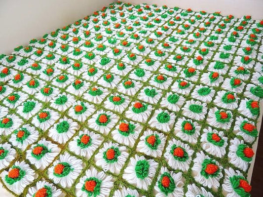 アメリカ フラワー 立体モチーフ編み レトロ ヴィンテージ グラニーブランケット ニットブランケット ベッドスプレッド アフガン編み 大判 古着