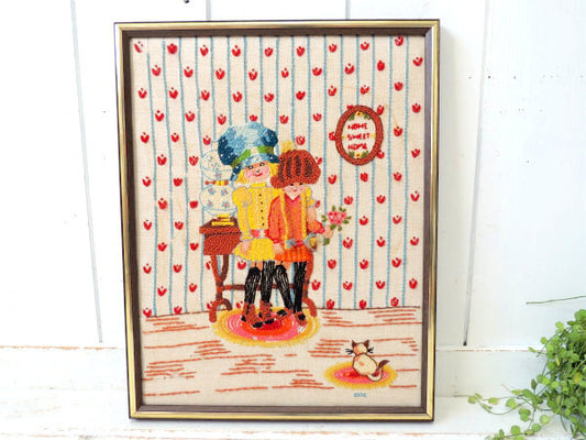 HOME SWEET HOME ニット US 手刺繍 70's ヴィンテージ・アートフレーム 壁飾り