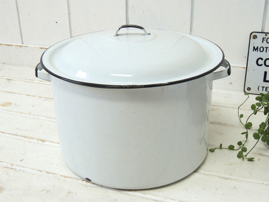 【ホワイト×ブラック】ホーロー製・ヴィンテージ・両手鍋・深鍋・寸胴・クッキングポット・アウトドア