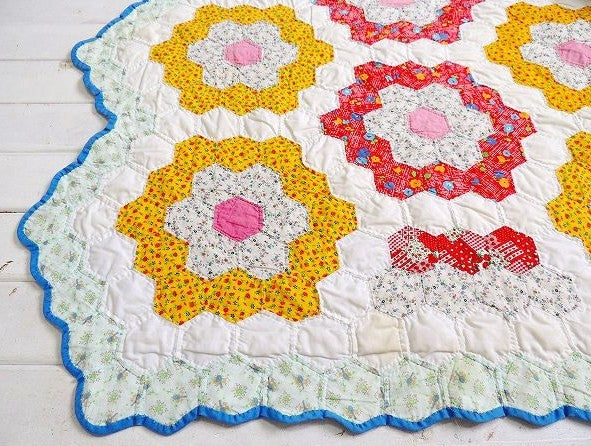 USA グランドマザーズ フラワーガーデン アンティーク キルト ベッドスプレッド マルチカバー