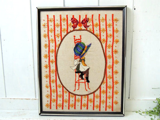 US ホリーホビー ハンドメイド・毛糸・70's ヴィンテージ・刺繍 アートフレーム 壁飾 パネル