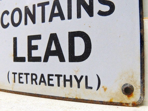 USA ガソリンスタンド CONTAINS LEAD  アメリカンビンテージ ・ホーローサイン 看板 USA ガレージ雑貨 モーター系