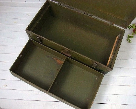 1946【MILLER MFG CO】カーキ色・2段式・木製・アンティーク・トランク/ウッドボックス