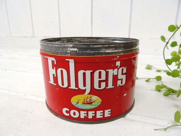 【Folgers】フォルジャーズ・赤色・ブリキ製・ヴィンテージ・コーヒー缶/ティン缶 USA