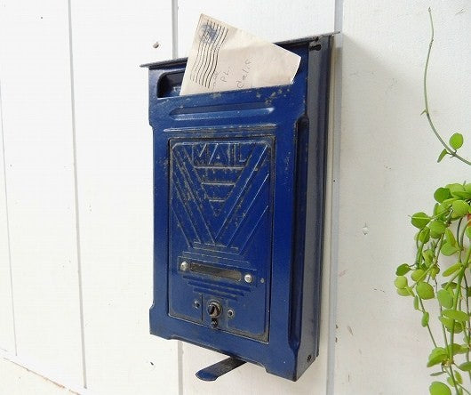 USA!青色・新聞受け付き・メタル製・アンティーク・メールボックス/郵便受け/ポスト