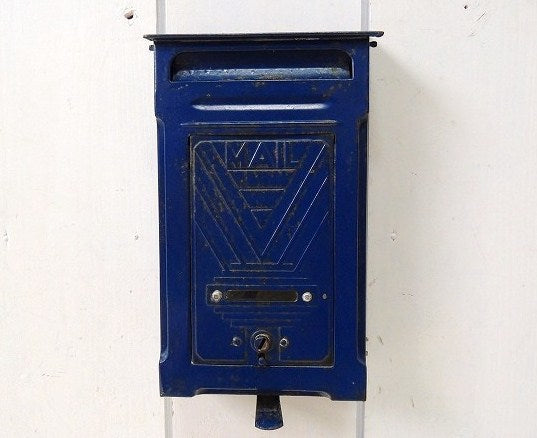 USA!青色・新聞受け付き・メタル製・アンティーク・メールボックス/郵便受け/ポスト