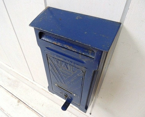 USA!青色・新聞受け付き・メタル製・アンティーク・メールボックス/郵便受け/ポスト