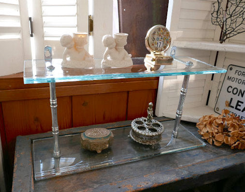 ミッドセンチュリー ガラス製×メタル製 2段式 ヴィンテージ ウォールシェルフ 飾り棚 シェルフ