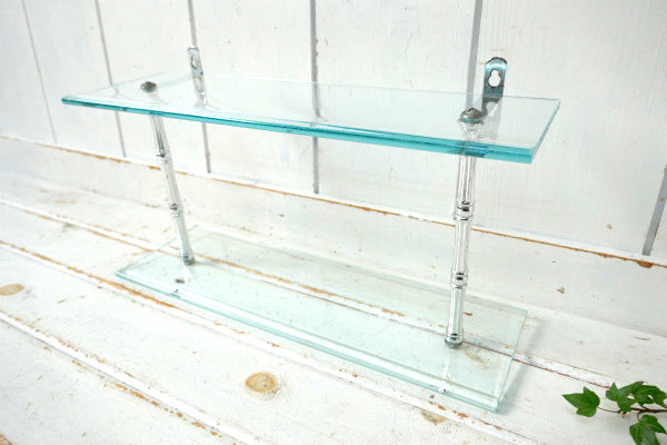 ミッドセンチュリー ガラス製×メタル製 2段式 ヴィンテージ ウォールシェルフ 飾り棚 シェルフ