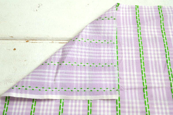 チェック柄×刺繍ストライプ柄・デッドストック・ヴィンテージ・ファブリック・生地/58×80㎝