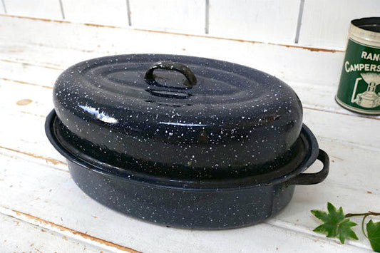 ホーロー ネイビー×ホワイト ヴィンテージ ロースター鍋 両手鍋 キャンプ道具 アウトドア USA