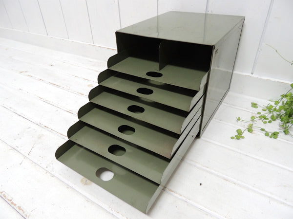 Lit-Ning カーキ色・メタル製・引き出し式・7段・ヴィンテージ・書類ケース ファイル棚