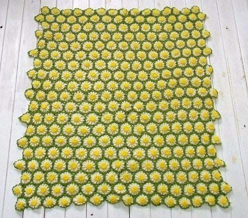 手編みニット・お花の立体モチーフ編み・アンティーク・ブランケット/ひざ掛け　USA