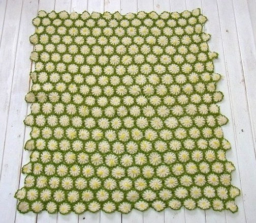 手編みニット・お花の立体モチーフ編み・アンティーク・ブランケット/ひざ掛け　USA