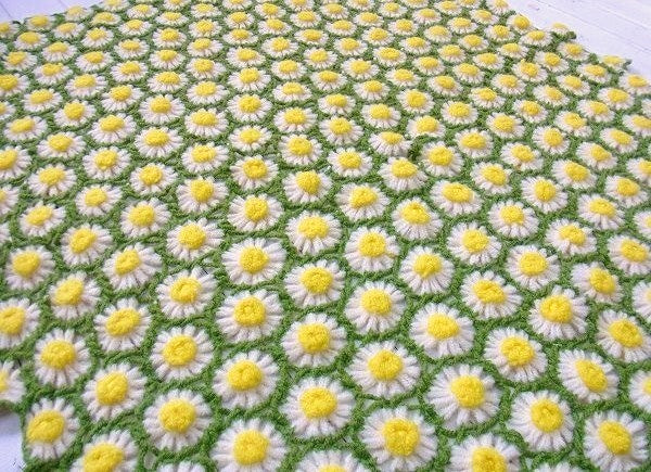 手編みニット・お花の立体モチーフ編み・アンティーク・ブランケット/ひざ掛け　USA