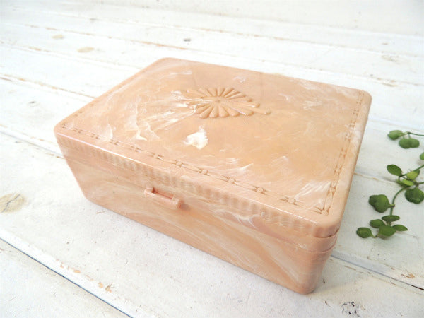 HOMMER サーモンピンク×白色 マーブル柄・ビンテージ・ジュエリーボックス 宝石箱 裁縫箱