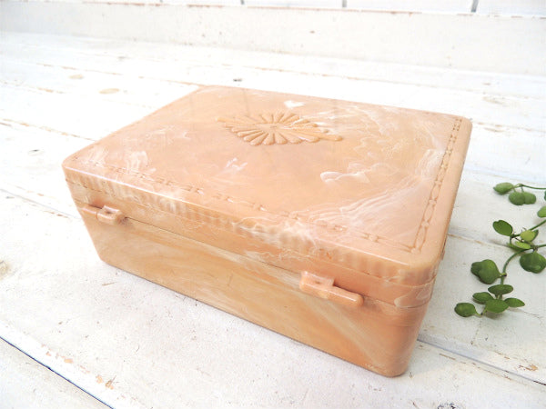 HOMMER サーモンピンク×白色 マーブル柄・ビンテージ・ジュエリーボックス 宝石箱 裁縫箱