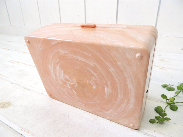 HOMMER サーモンピンク×白色 マーブル柄・ビンテージ・ジュエリーボックス 宝石箱 裁縫箱