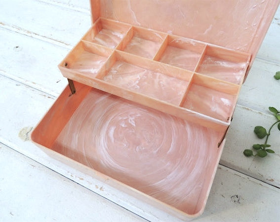 HOMMER サーモンピンク×白色 マーブル柄・ビンテージ・ジュエリーボックス 宝石箱 裁縫箱