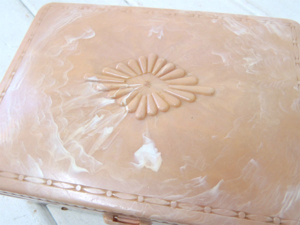 HOMMER サーモンピンク×白色 マーブル柄・ビンテージ・ジュエリーボックス 宝石箱 裁縫箱