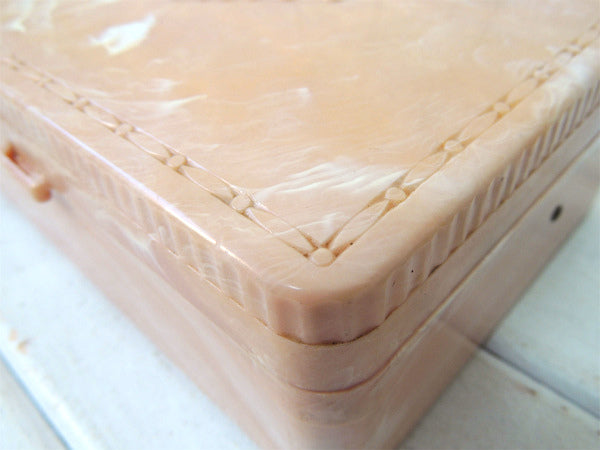 HOMMER サーモンピンク×白色 マーブル柄・ビンテージ・ジュエリーボックス 宝石箱 裁縫箱